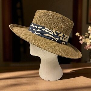 Vintage  Cambridge Classics Straw Hat‎ With Blue Floral Hawaiian Print Size M
